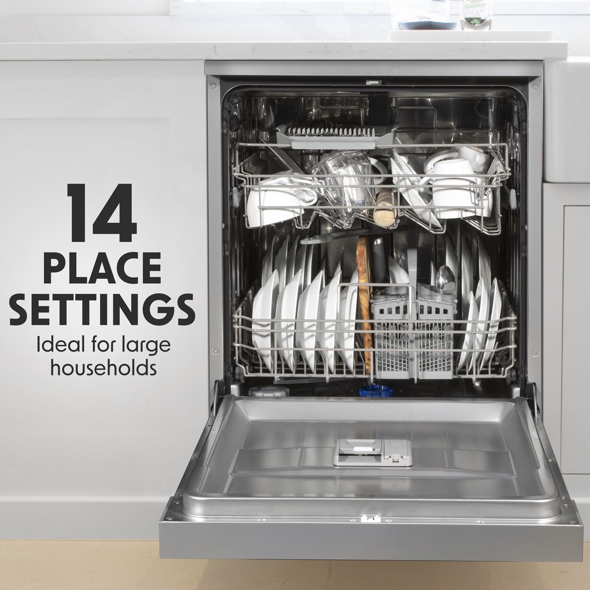 Baridi Regular Sized Freestanding Dishwasher 60cm Wide 14 Place Settings - Silver