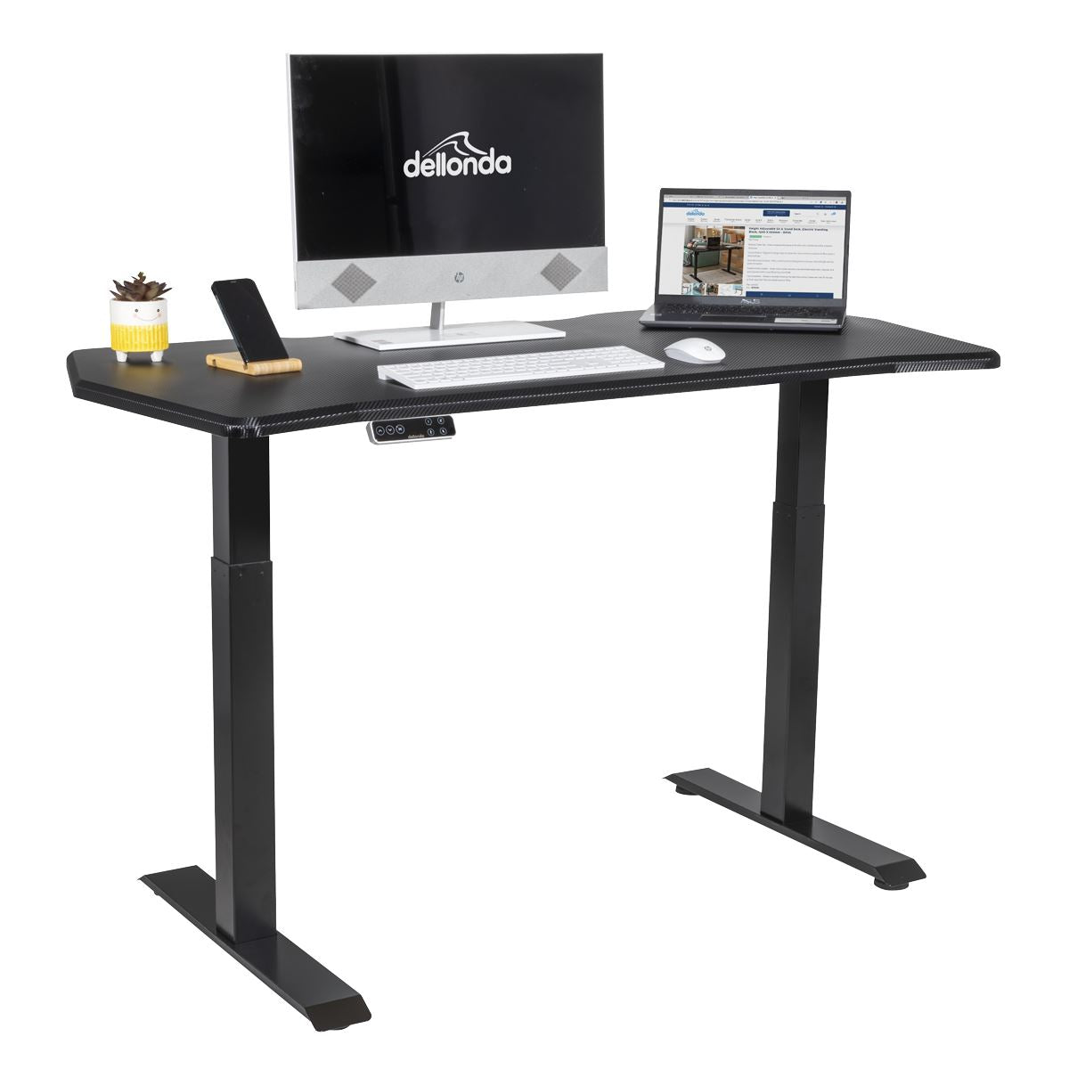 Dellonda Carbon Fibre Effect Electric Height Adjustable Standing Desk, 1400 x 700mm Dual Motor 100kg