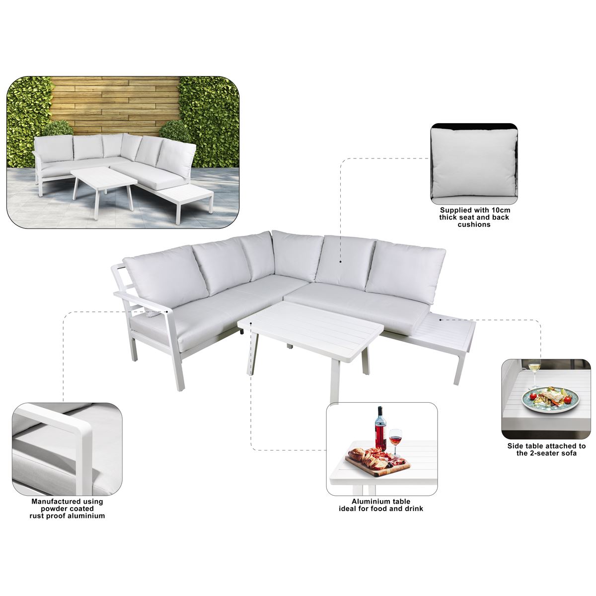 Dellonda Kyoto Aluminium Outdoor Corner Sofa & Coffee Table Set 3 Piece
