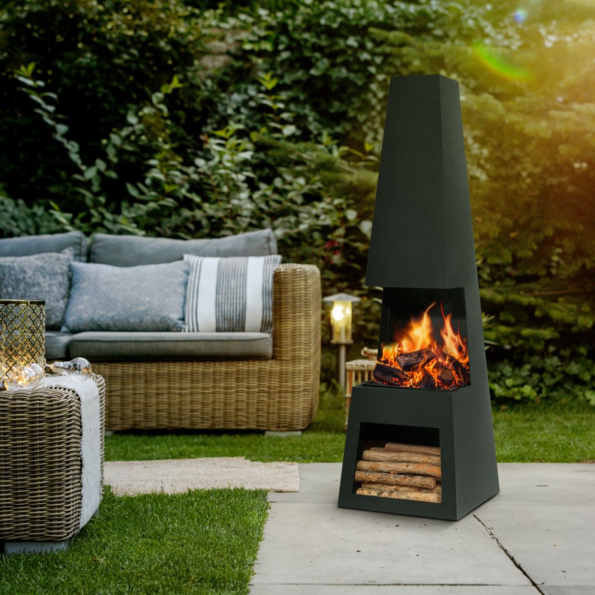 Outdoor Chiminea Fireplace Fire Pit Heater Firewood Storage Black Steel