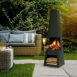 Outdoor Chiminea Fireplace Fire Pit Heater Firewood Storage Black Steel