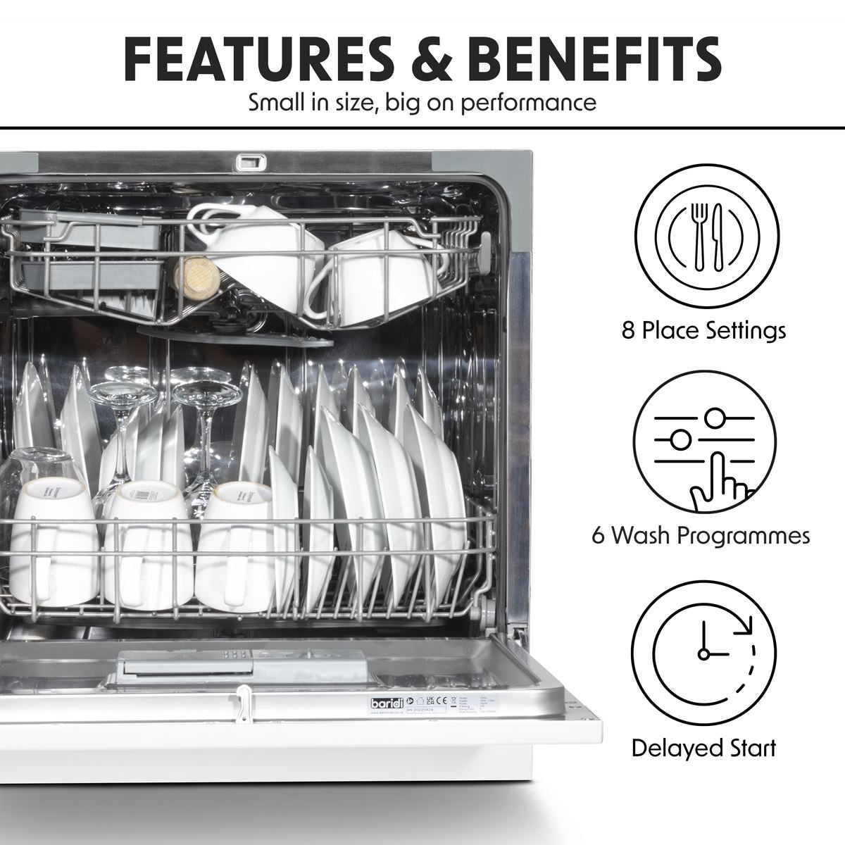 Baridi Tabletop Dishwasher 8 Place Settings 8L Capacity - White