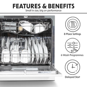 Baridi Tabletop Dishwasher 8 Place Settings 8L Capacity - White