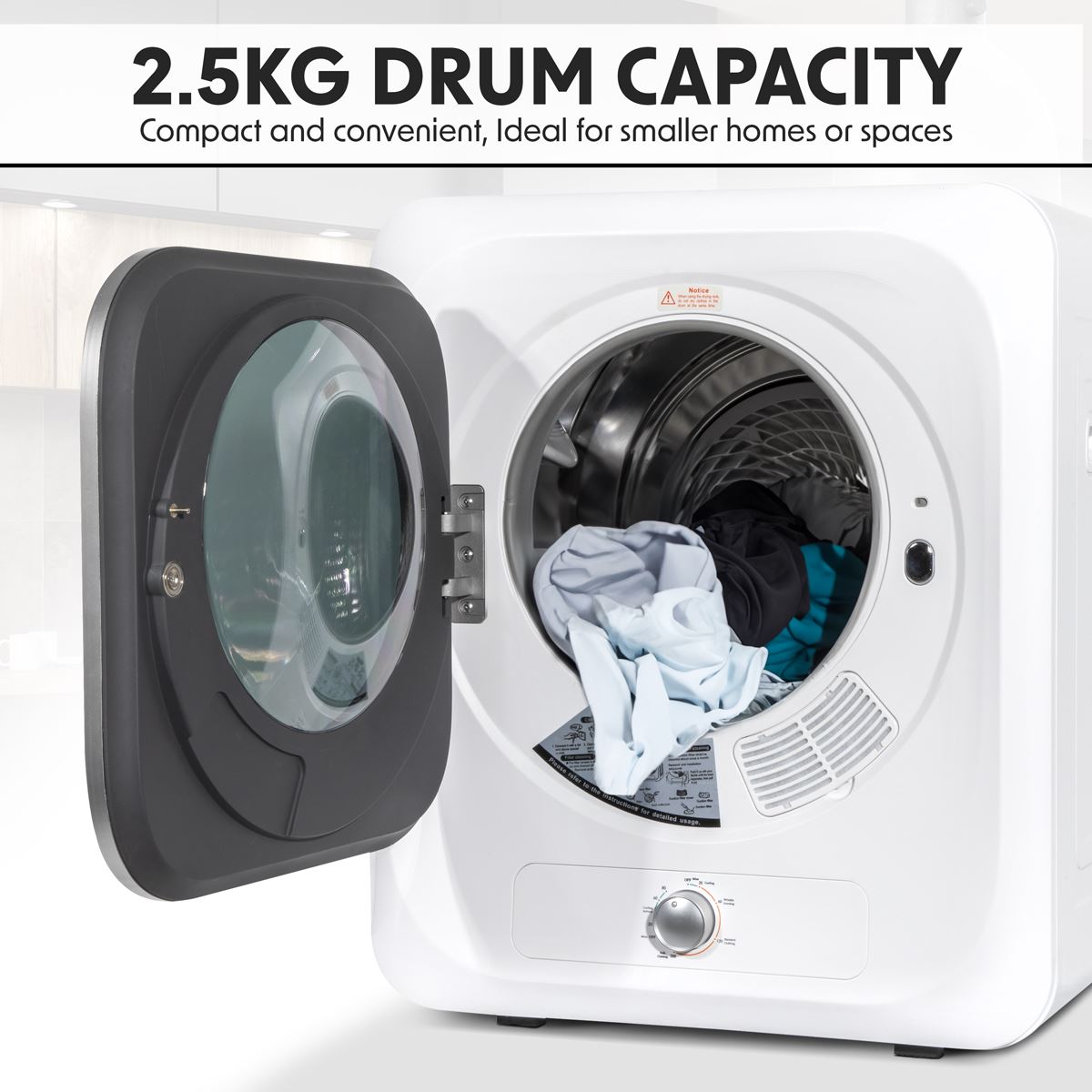 Baridi Tabletop Tumble Dryer with Analogue Controls 2.5kg Capacity - White