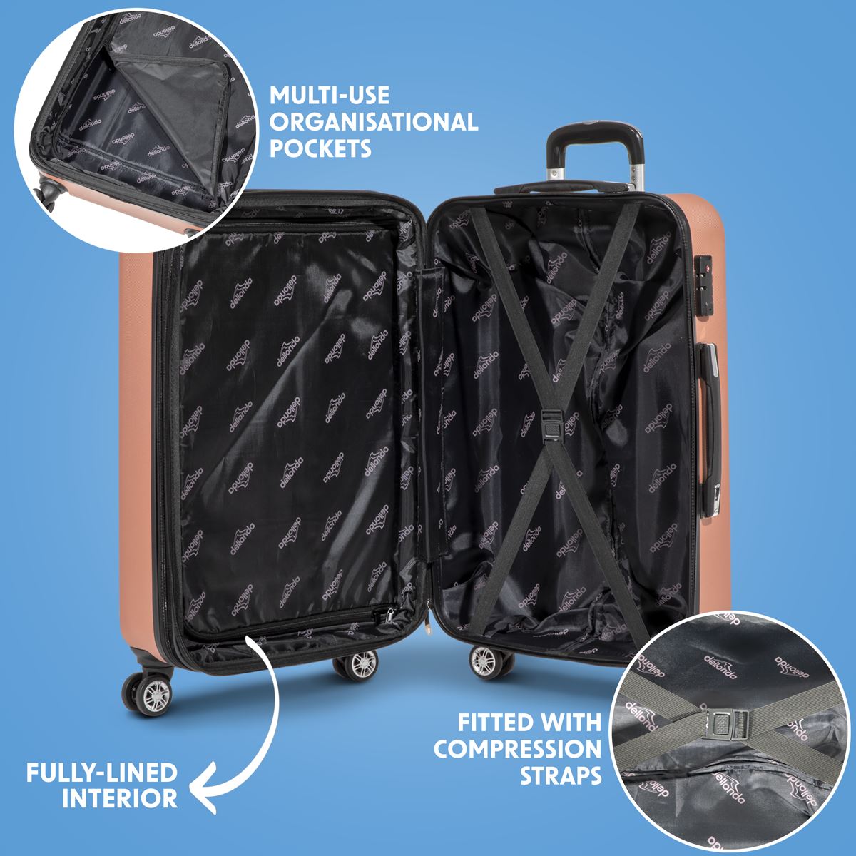 Dellonda Lightweight ABS Luggage Set with TSA Lock - Rose Gold
