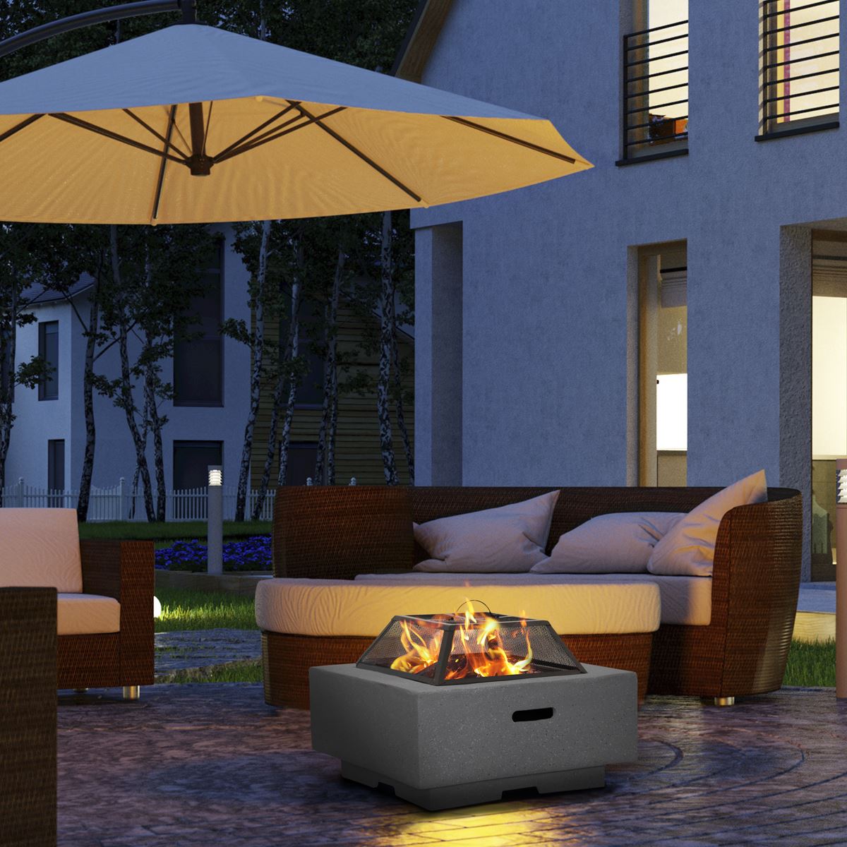 Square MgO Fire Pit with BBQ Grill, Safety Mesh Screen - Dark Grey