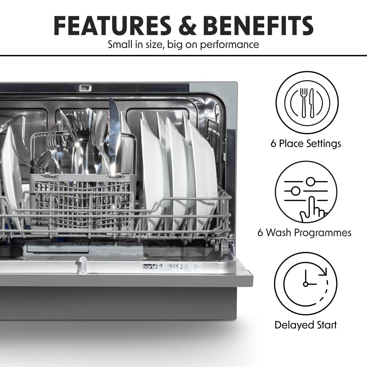 Baridi Tabletop Dishwasher 6 Place Settings 6.5L Capacity - Silver