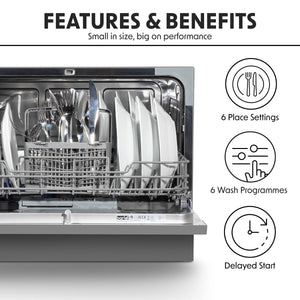 Baridi Tabletop Dishwasher 6 Place Settings 6.5L Capacity - Silver