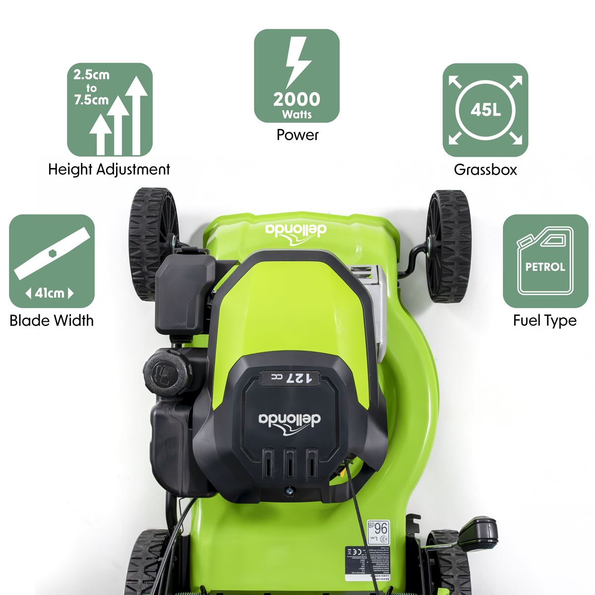 Dellonda Hand-Propelled Petrol Lawnmower Grass Cutter, 127cc 16"/41cm 4-Stroke