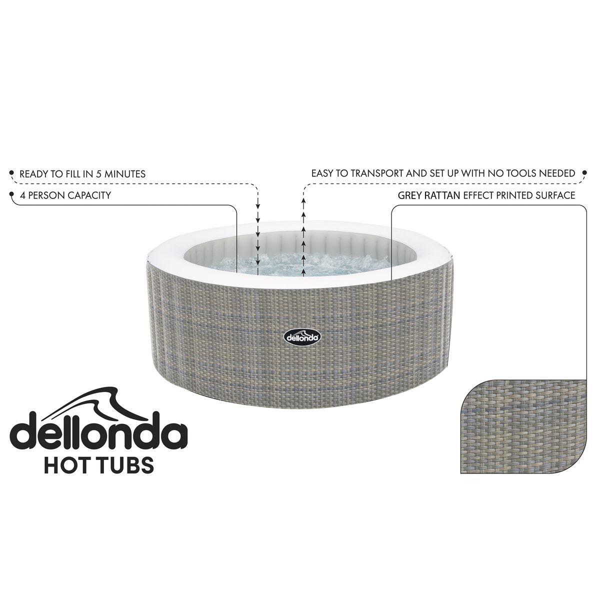 Dellonda 2-4 Person Inflatable Hot Tub/Spa with Smart Pump - Rattan Effect