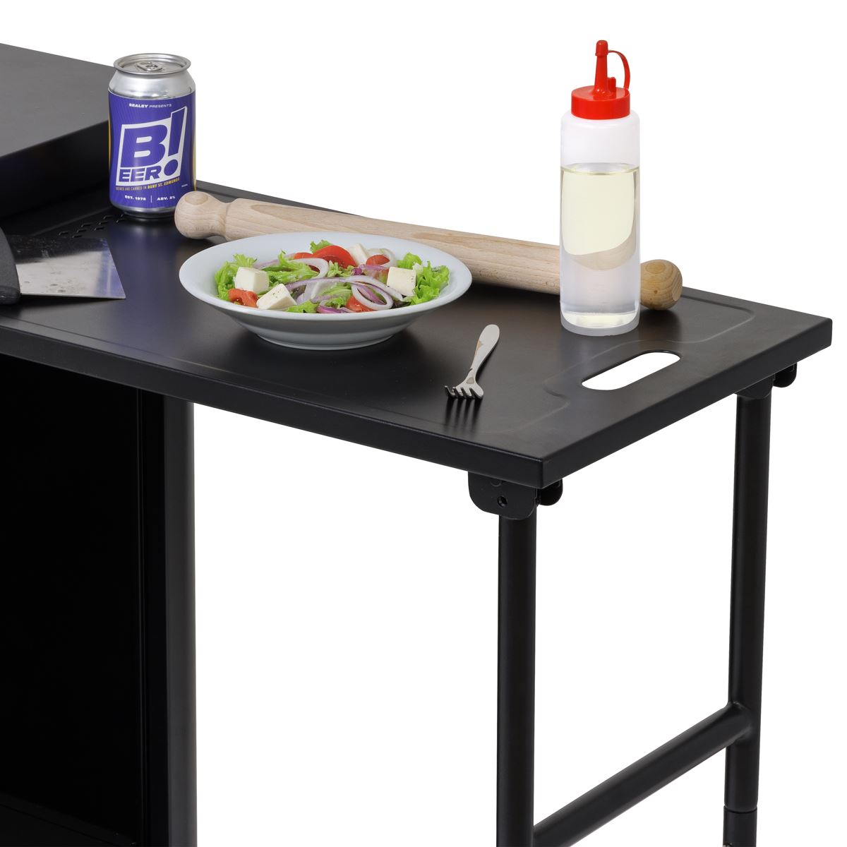Dellonda BBQ/Plancha Workstation Trolley with Cupboard, Extension Table & Utensil Hooks, Black