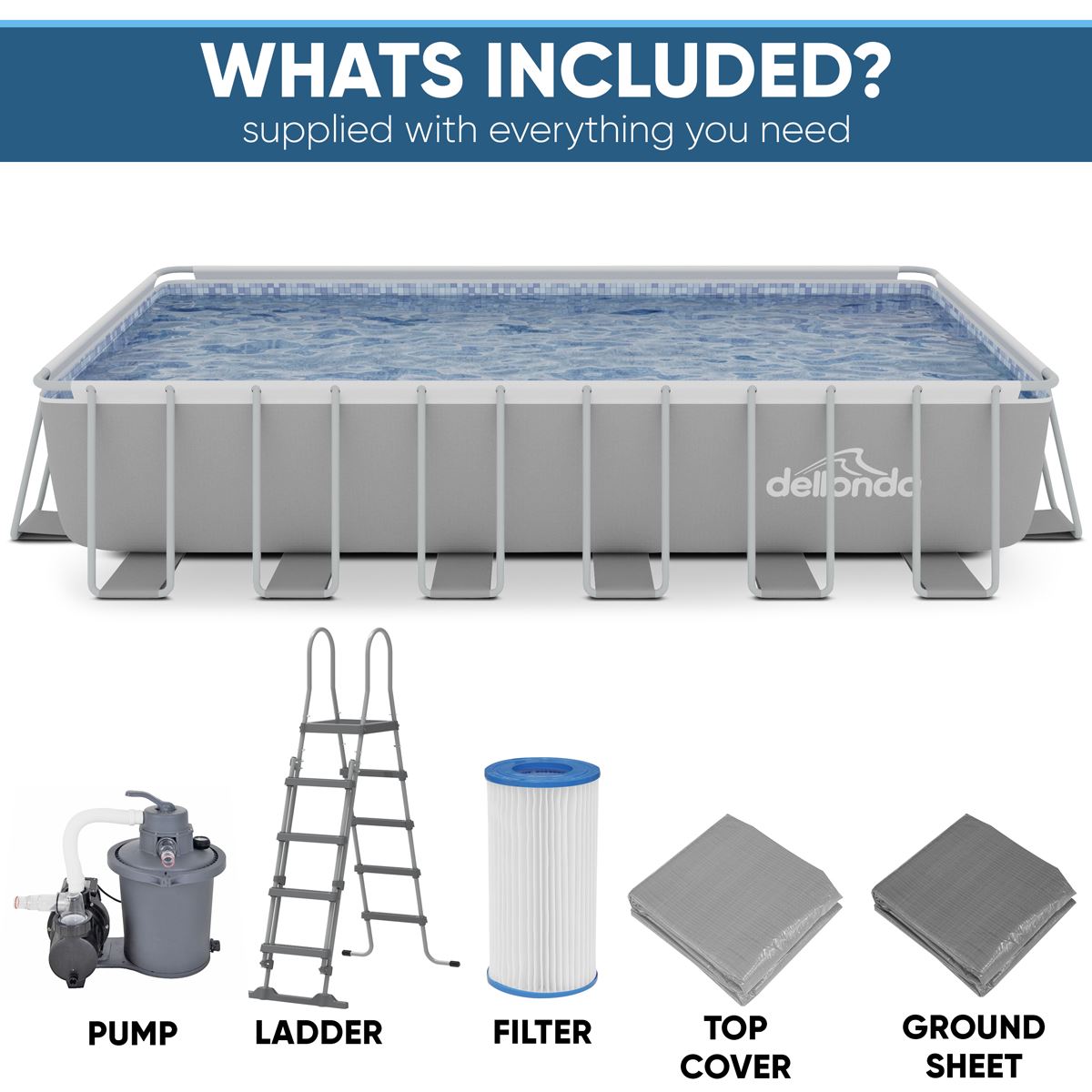 Dellonda Deluxe Steel Frame Rectangular Swimming Pool with Step Ladder & Filter Pump 25ft