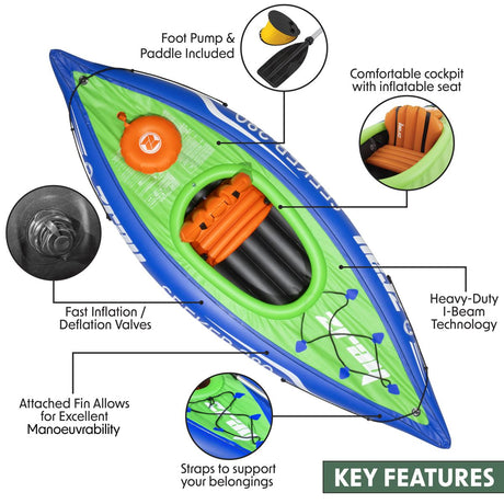 Dellonda Inflatable One-Person Kayak/Canoe Set with Pump, Carry Bag & Aluminium Oar - Blue/Green