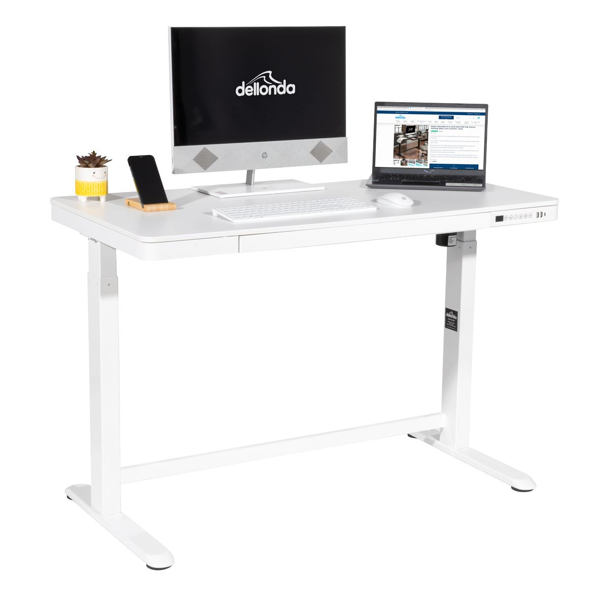 Dellonda Single Motor Ultra-Quiet Electric Desk with Control Panel, USB Port & Drawer - White Desktop