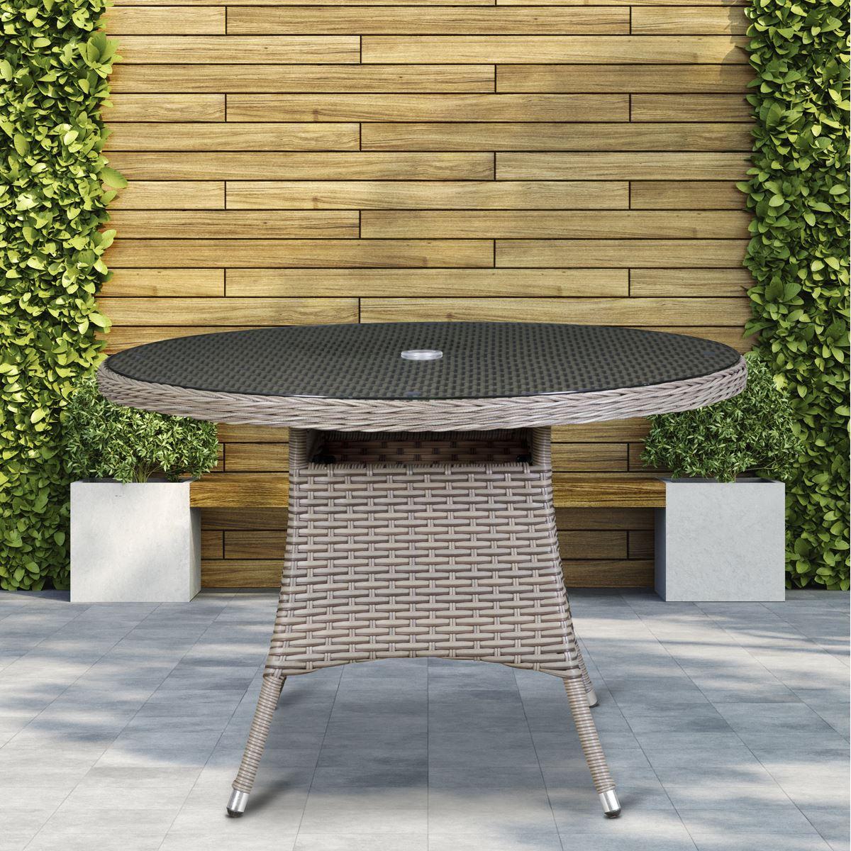 Dellonda Chester Rattan Wicker Round Outdoor Dining Table with Tempered Glass Top