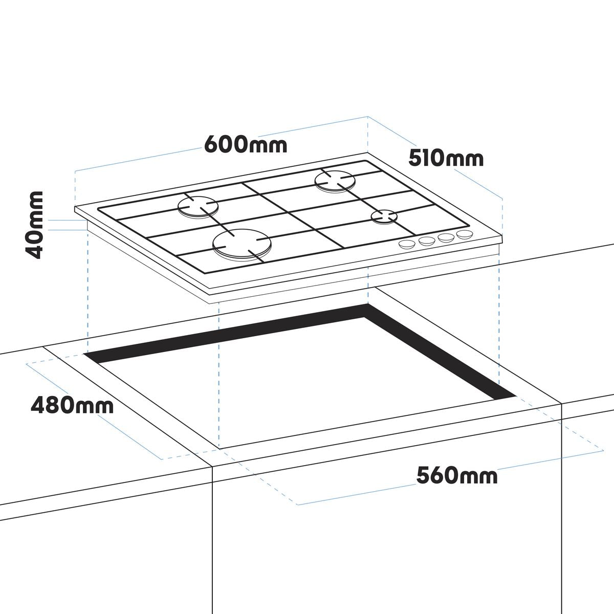 Baridi Gas Hob with 4 Cooking Zones 60cm - Black