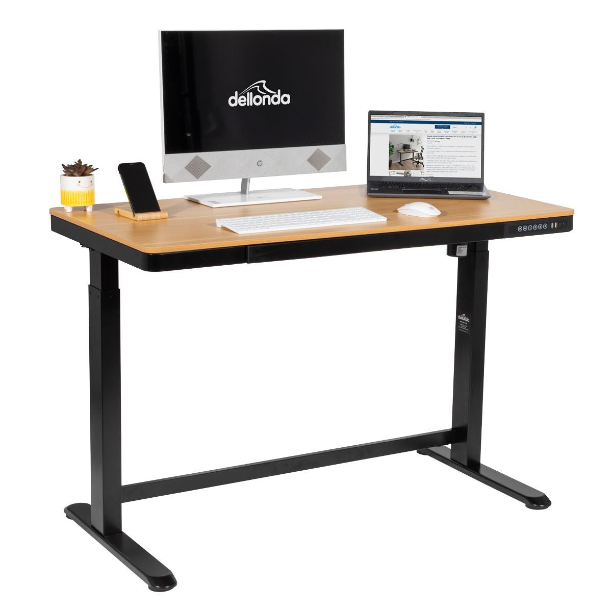 Dellonda Single Motor Ultra-Quiet Electric Desk with Control Panel, USB Port & Drawer - Oak Desktop