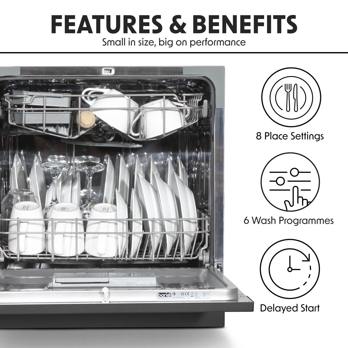 Baridi Tabletop Dishwasher 8 Place Settings 8L Capacity - Black