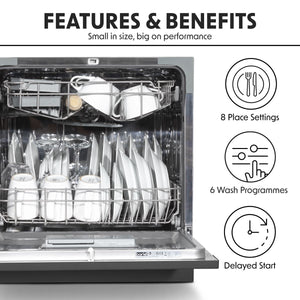 Baridi Tabletop Dishwasher 8 Place Settings 8L Capacity - Black