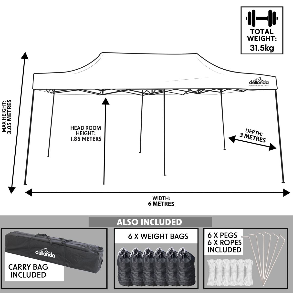 Dellonda Dark Green Premium 3x6m Pop-Up Gazebo, Heavy Duty, PVC Coated, Water Resistant Fabric, Supplied with Carry Bag & Accesories