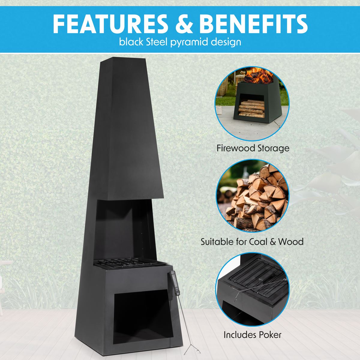 Outdoor Chiminea Fireplace Fire Pit Heater Firewood Storage Black Steel