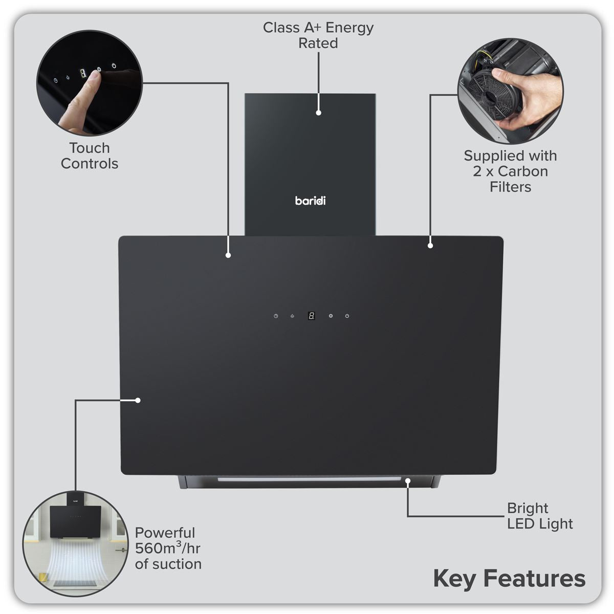 Baridi Angled Chimney Cooker Hood with Touch Controls & Carbon Filters 60cm - Black Glass
