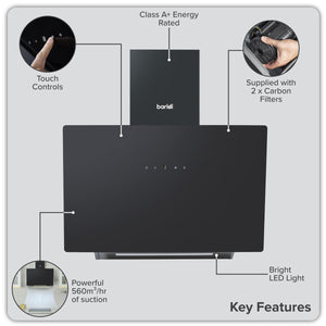 Baridi Angled Chimney Cooker Hood with Touch Controls & Carbon Filters 60cm - Black Glass