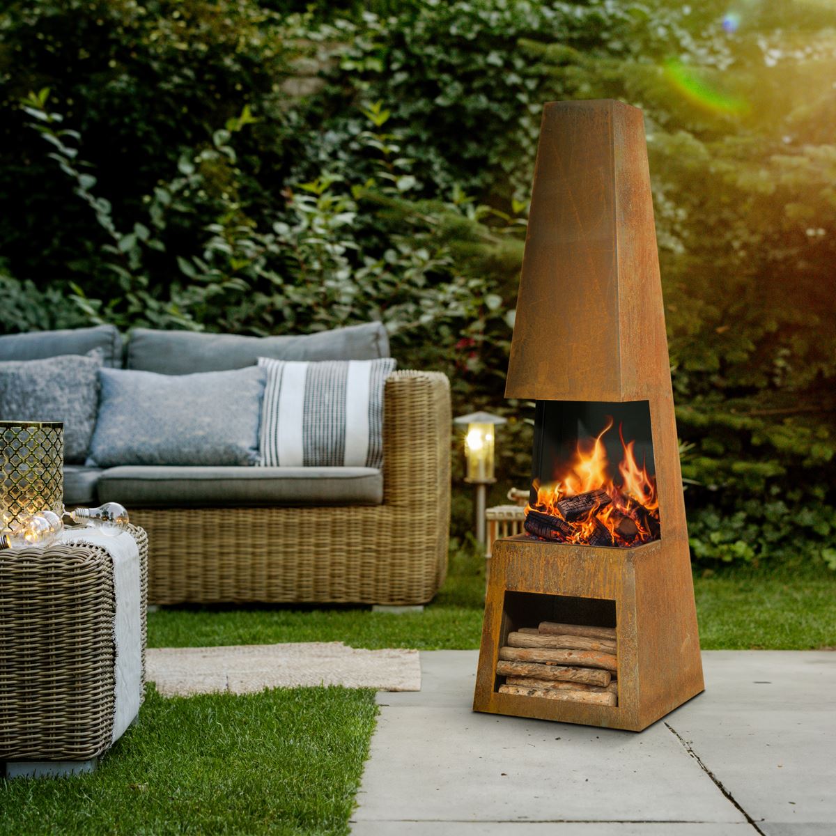 Outdoor Chiminea Fireplace Heater Firewood Storage - Corten Steel