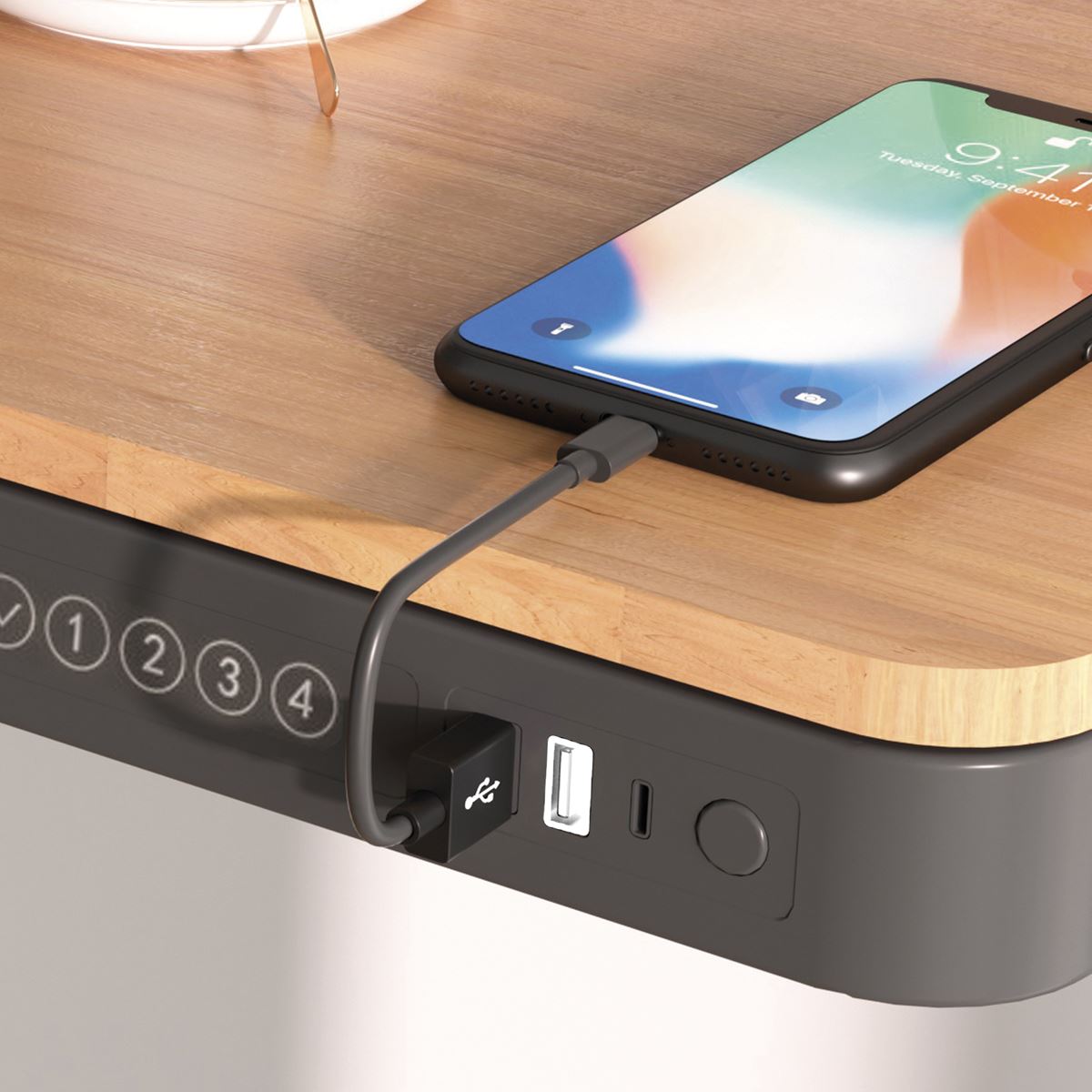 Dellonda Single Motor Ultra-Quiet Electric Desk with Control Panel, USB Port & Drawer - Oak Desktop