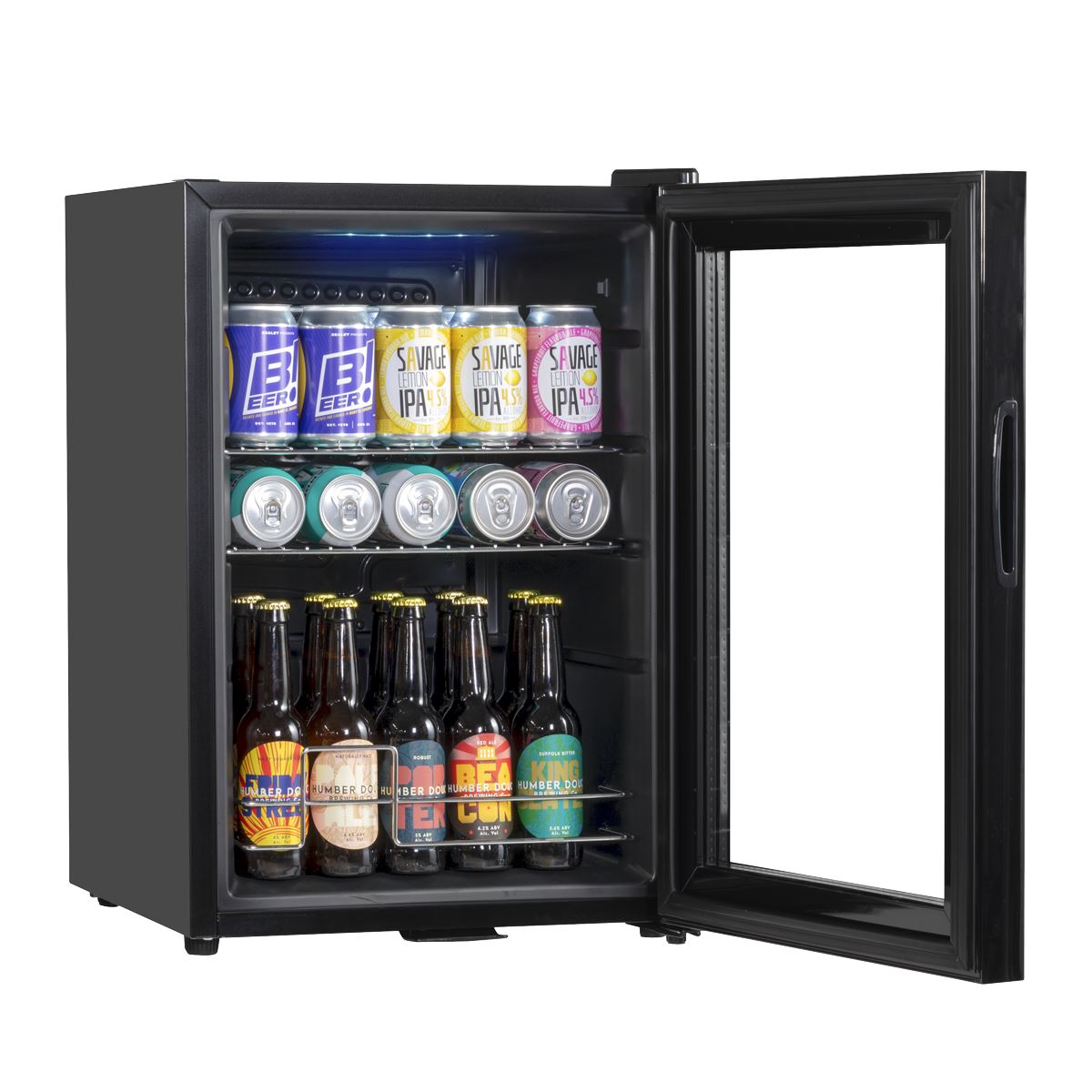 Baridi Beer & Drinks Fridge with LED Light, Black and Glass Door 60L