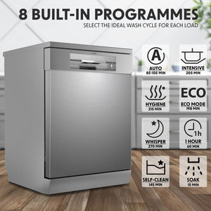 Baridi Regular Sized Freestanding Dishwasher 60cm Wide 14 Place Settings - Silver