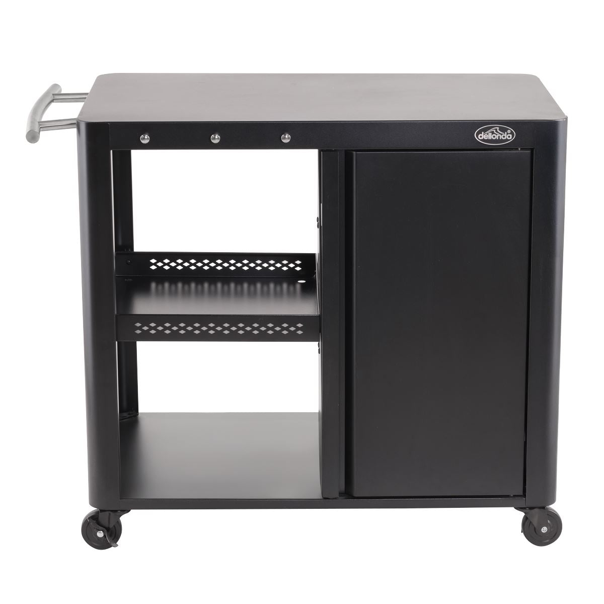 Dellonda BBQ/Plancha Workstation Trolley with Cupboard, Extension Table & Utensil Hooks, Black