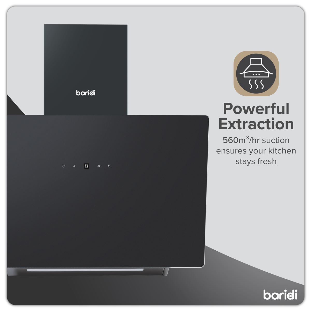 Baridi Angled Chimney Cooker Hood with Touch Controls & Carbon Filters 60cm - Black Glass