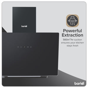 Baridi Angled Chimney Cooker Hood with Touch Controls & Carbon Filters 60cm - Black Glass