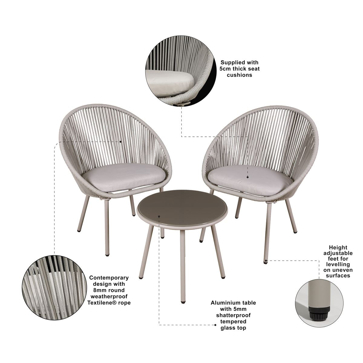 Dellonda Como Steel Bistro Set with Tempered Glass Tabletop 3pc