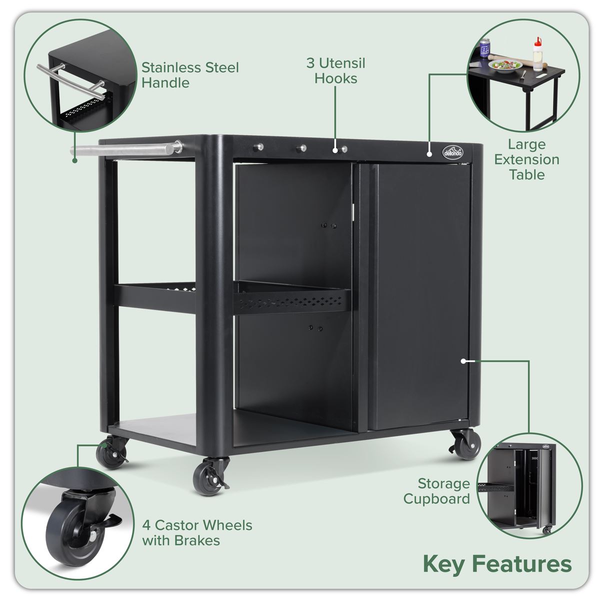 Dellonda BBQ/Plancha Workstation Trolley with Cupboard, Extension Table & Utensil Hooks, Black