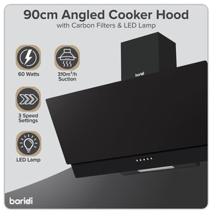 Baridi Angled Chimney Cooker Hood with Carbon Filters & LED Lamp 90cm, Energy Class A - Black Glass