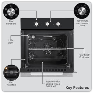 Baridi Built-In 5-Function Fan Assisted Oven with Timer 60cm, 55L Capacity - Black