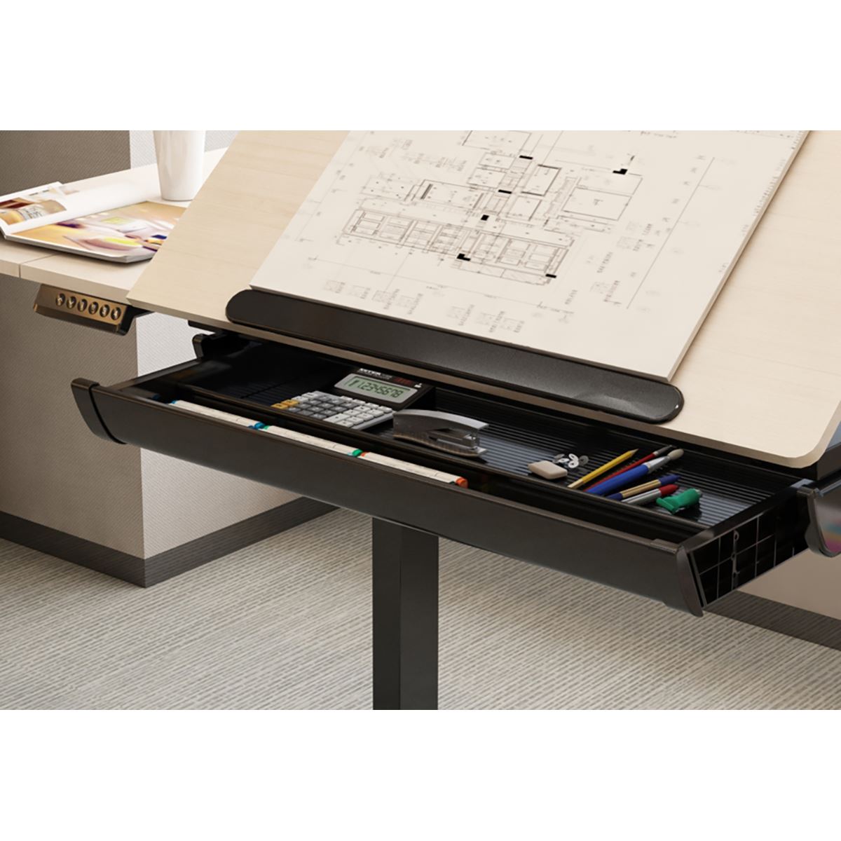 Dellonda Single Motor Ultra-Quiet Electric Adjustable Drawing Table with 40° Tilt, Drawer & Side Table