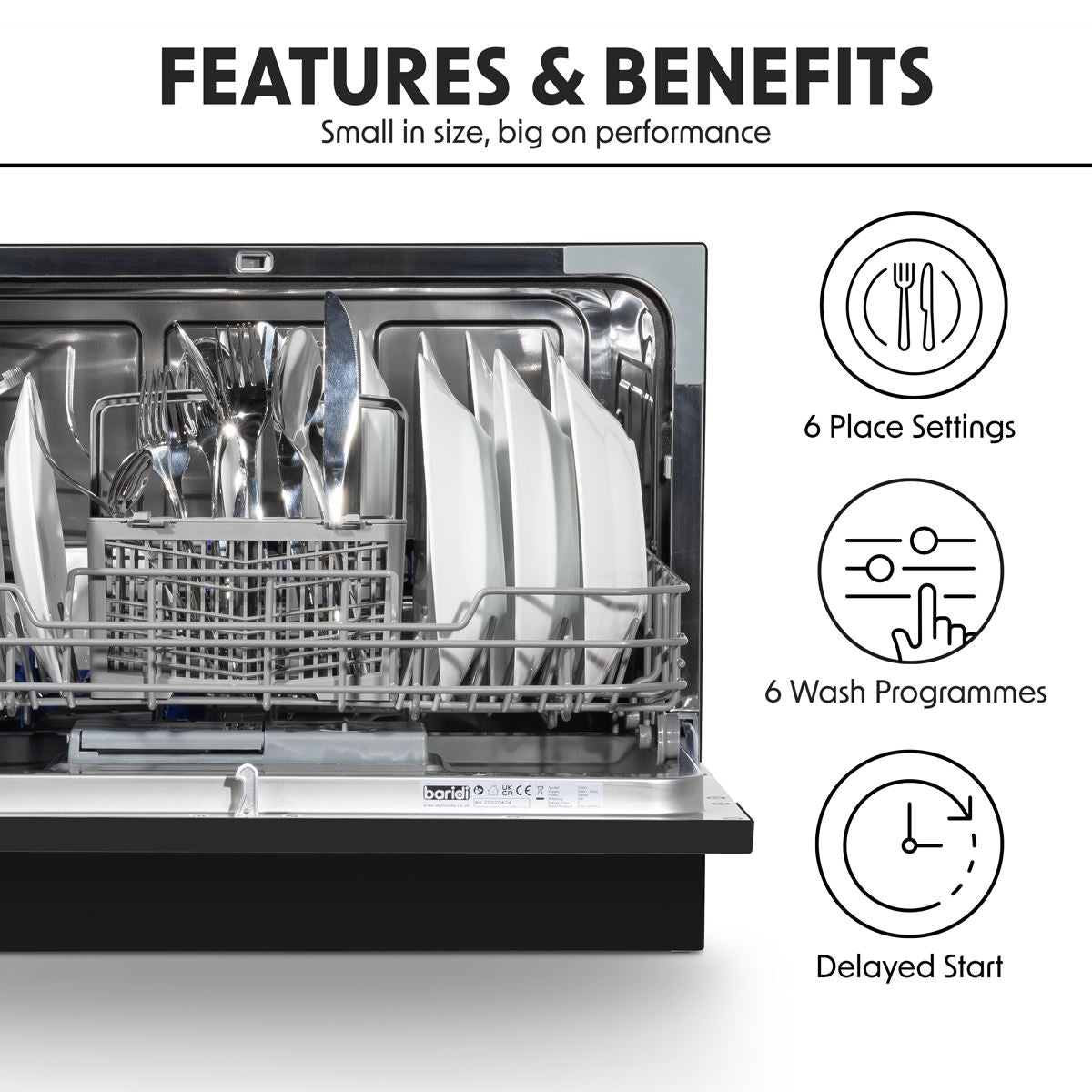 Baridi Tabletop Dishwasher 6 Place Settings 6.5L Capacity - Black