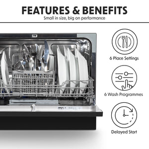 Baridi Tabletop Dishwasher 6 Place Settings 6.5L Capacity - Black
