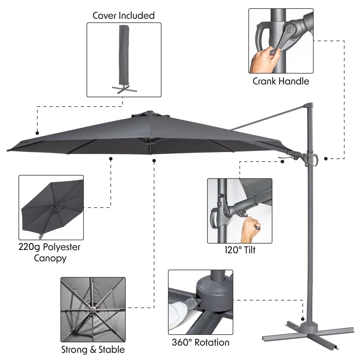 Dellonda Cantilever Parasol with 360° Rotation, Tilt & Cover 3m - Grey