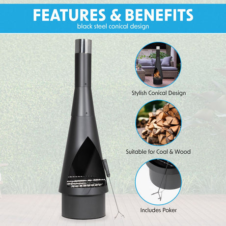 Outdoor Chiminea, Fireplace, Fire Pit, Heater, Durable, Black Steel