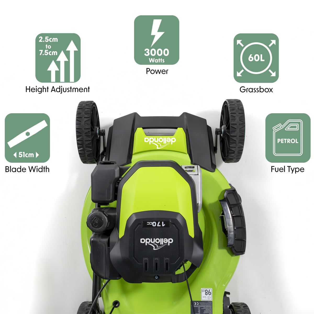 Dellonda Self-Propelled Petrol Lawnmower Grass Cutter with Height Adjustment & Grass Bag 170cc 20"/51cm 4-Stroke Engine