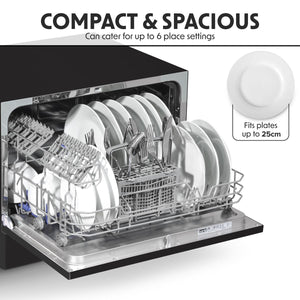 Baridi Tabletop Dishwasher 6 Place Settings 6.5L Capacity - Black