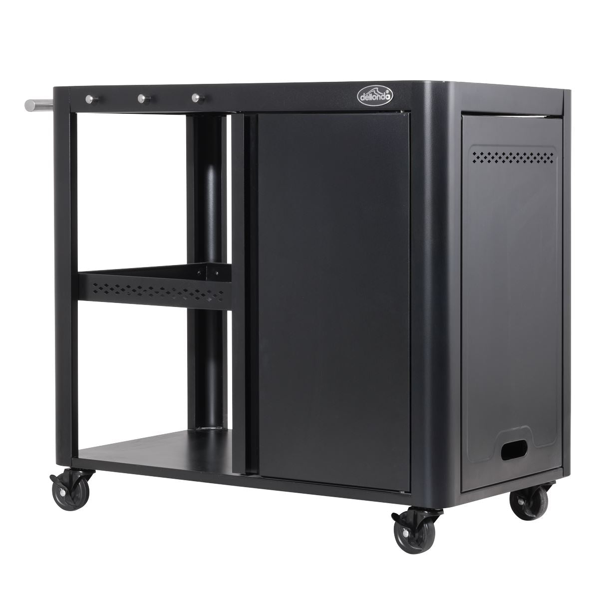Dellonda BBQ/Plancha Workstation Trolley with Cupboard, Extension Table & Utensil Hooks, Black