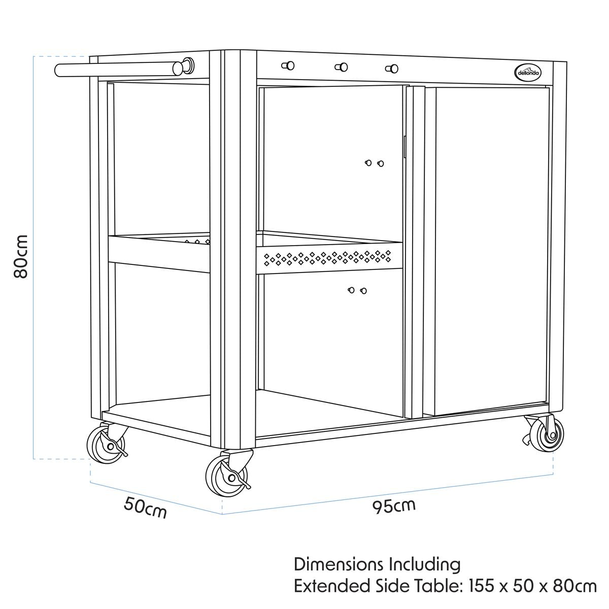 Dellonda BBQ/Plancha Workstation Trolley with Cupboard, Extension Table & Utensil Hooks, Black