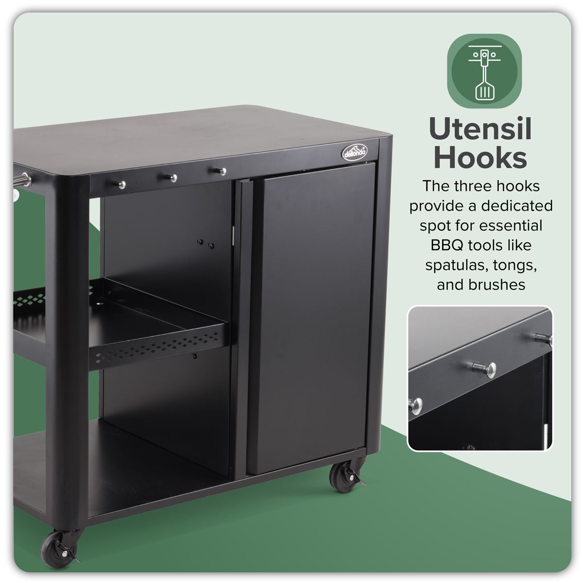 Dellonda BBQ/Plancha Workstation Trolley with Cupboard, Extension Table & Utensil Hooks, Black