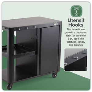 Dellonda BBQ/Plancha Workstation Trolley with Cupboard, Extension Table & Utensil Hooks, Black