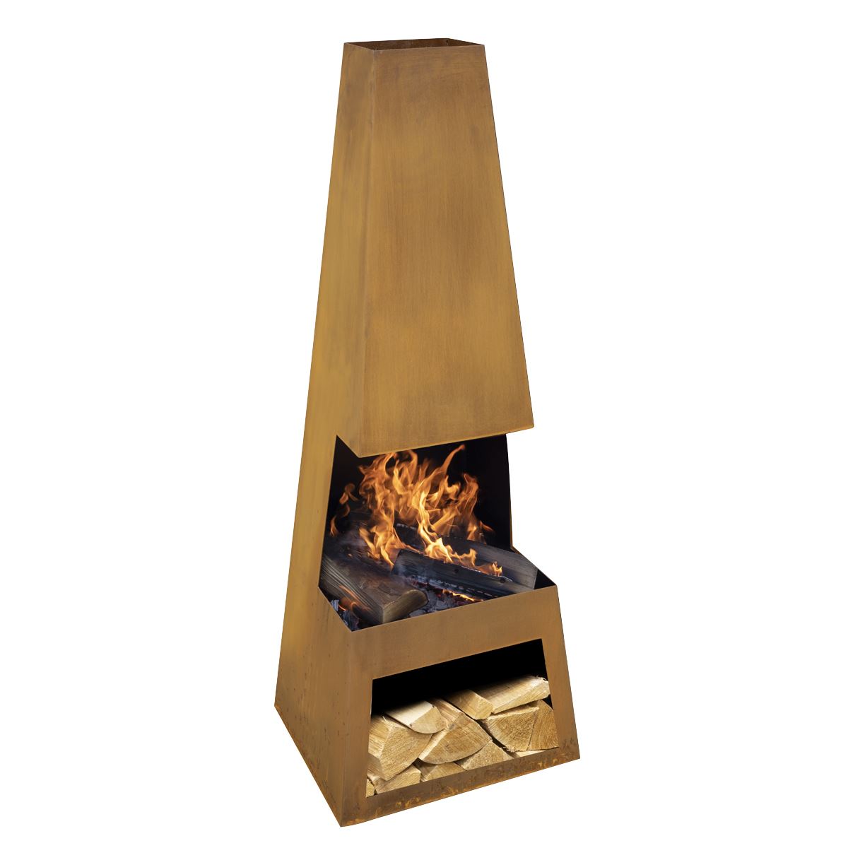 Outdoor Chiminea Fireplace Heater Firewood Storage - Corten Steel